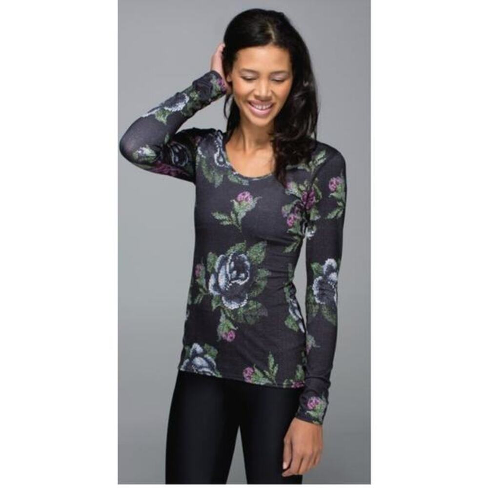 Lululemon black floral long sleeve scoop neck top